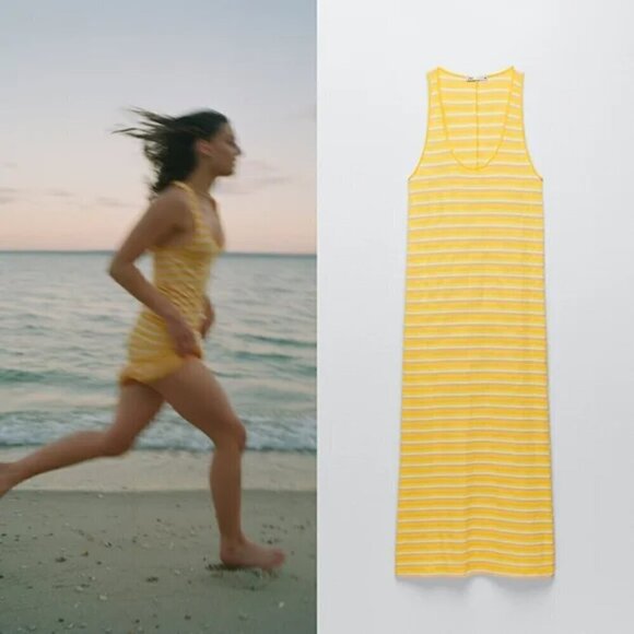 New Zara Striped Yellow Sleeveless Racerback Tank Maxi Dress NWT - Picture 2 of 13